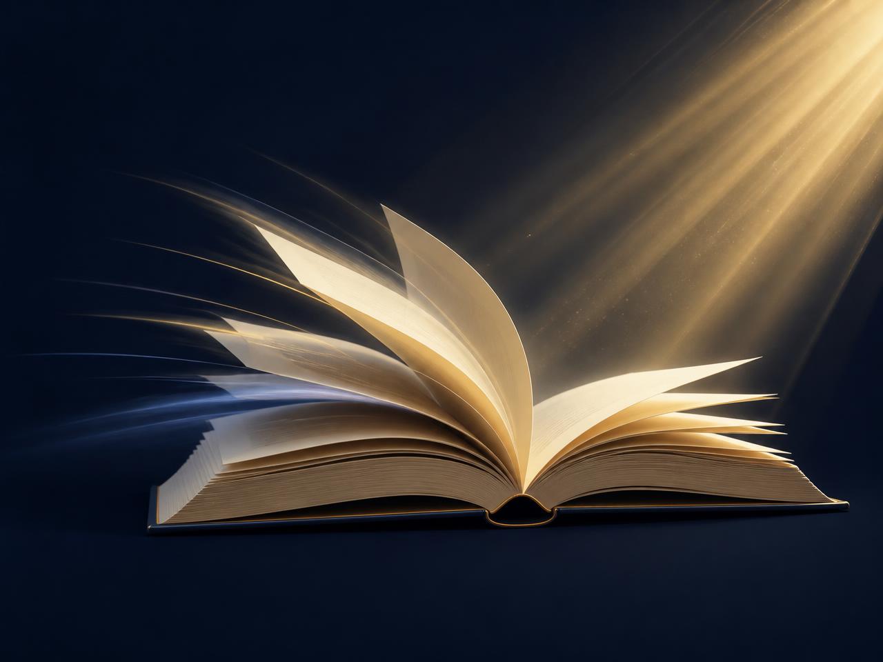 An open book with pages turning under warm light